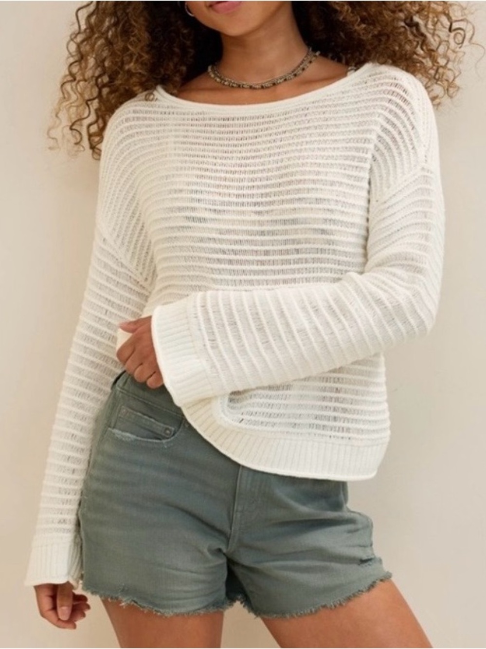 NWOT - Aerie - White Textured Open-Knit Boatneck Sweater - XS